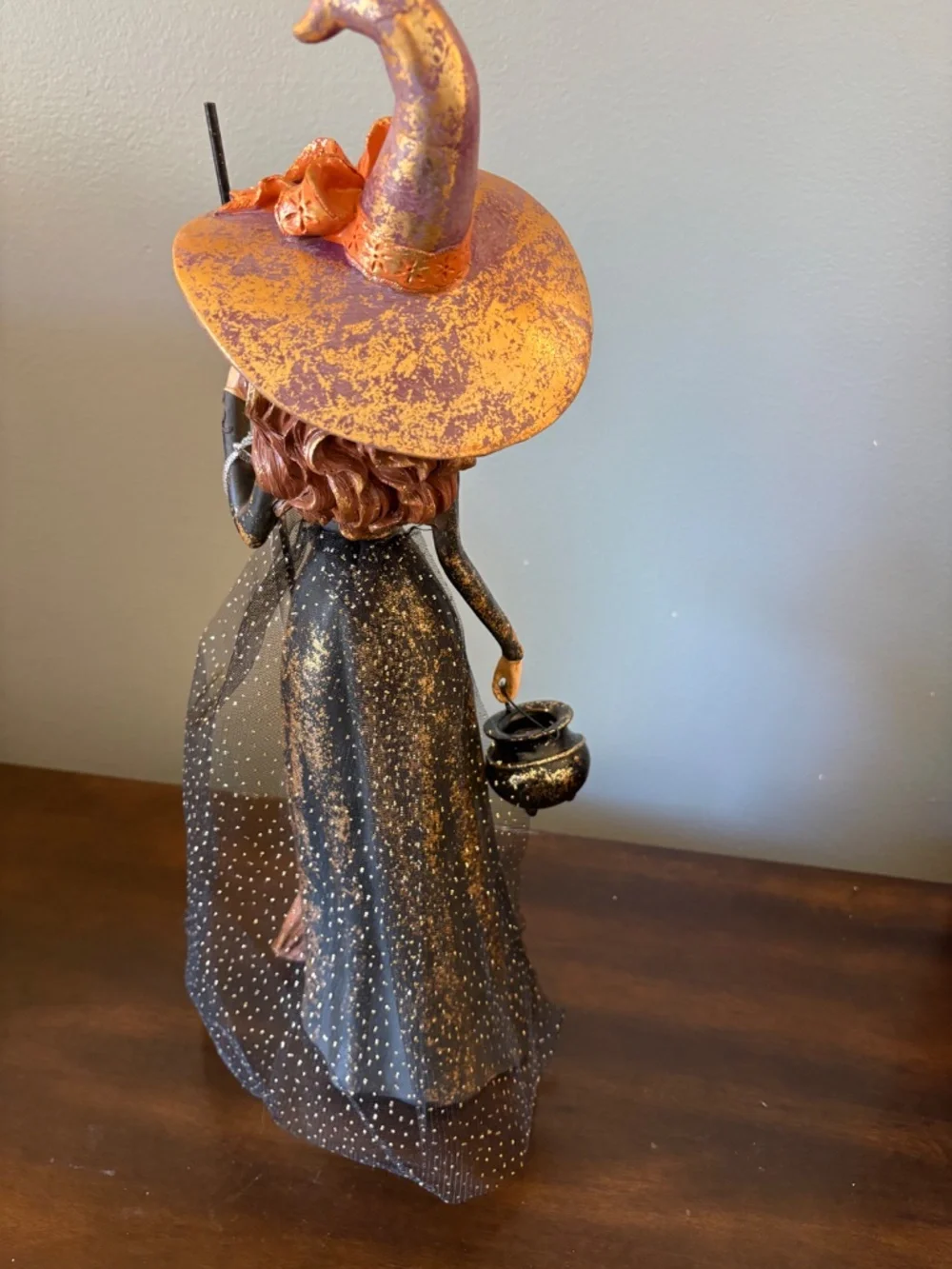 Bella Lux Halloween Witch Figurine Statue Black Gold Damask Dress Cauldron Broom